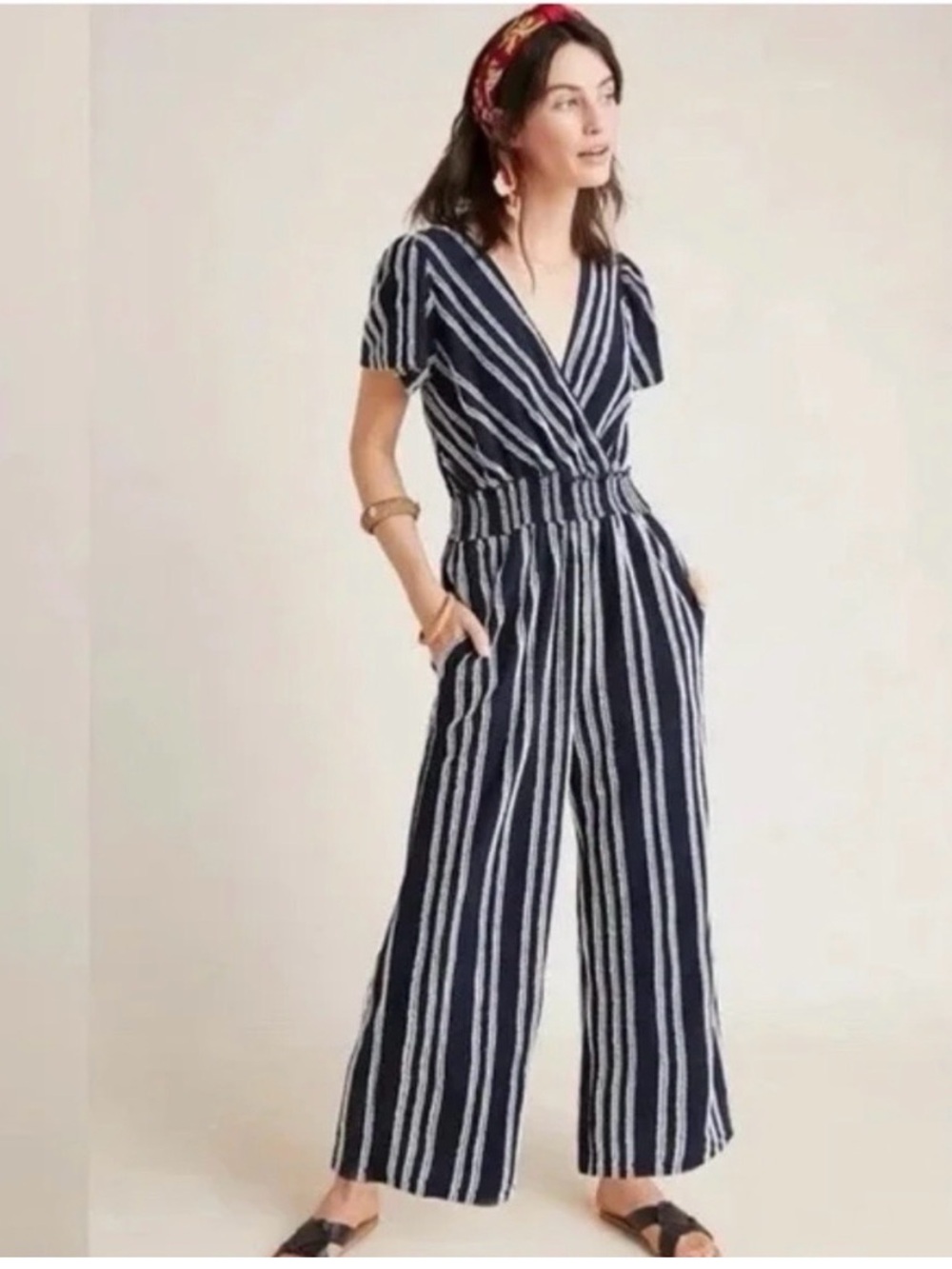 Dolan Anthropologie Navy and White Striped Wrap V-Neck Wide-Leg Jumpsuit